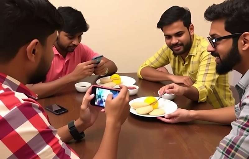 Group of friends playing VadaPavVoyage together on their mobile phones, with plates of real vada pav on the table