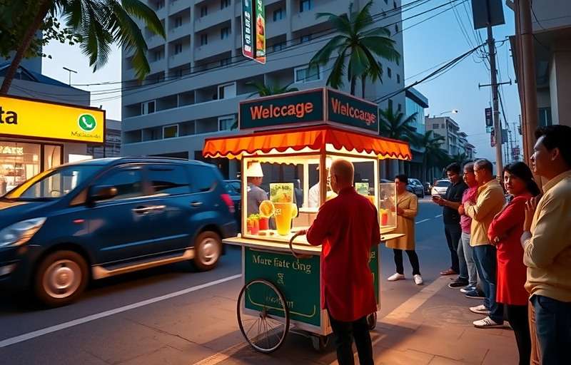 VadaPavVoyage gameplay showing virtual Mumbai street with food cart and customers waiting in queue