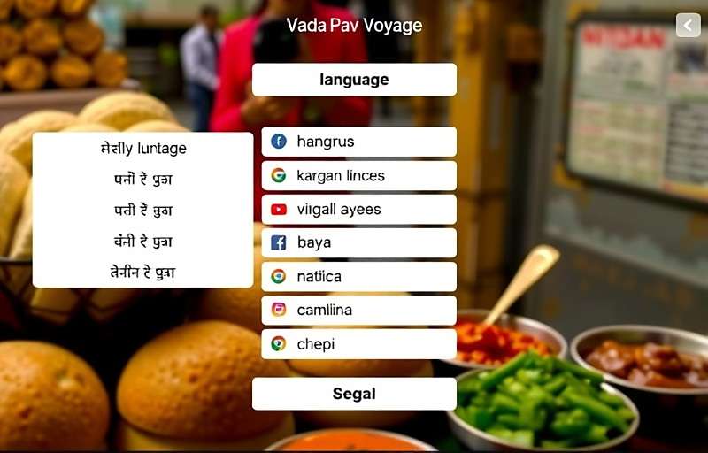 VadaPavVoyage language selection screen showing various Indian language options with Mumbai street food backdrop