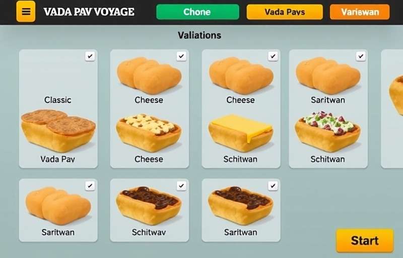 Virtual representations of various vada pav variations in VadaPavVoyage including classic, cheese, and schezwan versions
